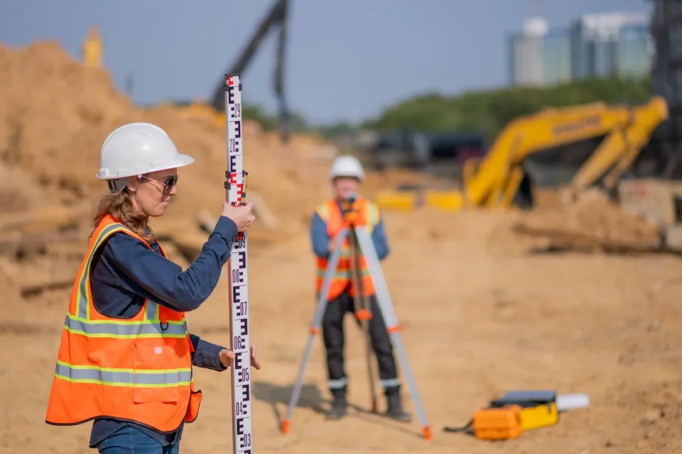 Woman and man in orange safety vests and hard hats doing surveying work at road construction site.